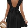 Saonta  Women's Mini Dress V Neck Flutter Sleeve Cotton Self Tie Back A Line Short Summer Cover Up Dress