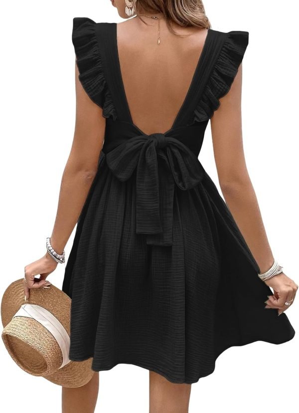 Saonta  Women's Mini Dress V Neck Flutter Sleeve Cotton Self Tie Back A Line Short Summer Cover Up Dress