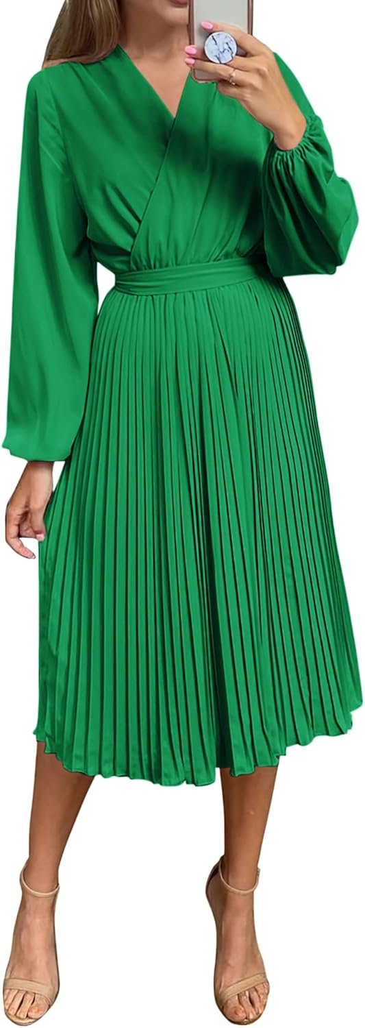 Saonta  Womens V Neck Flowy Ruffle Pleated Casual Fall Dress