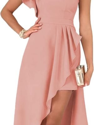 Saonta  Womens One Shoulder Sleeveless Ruffle Empire Waist Asymmetrical High-Low Bodycon Formal Wedding Guest Midi Dresses