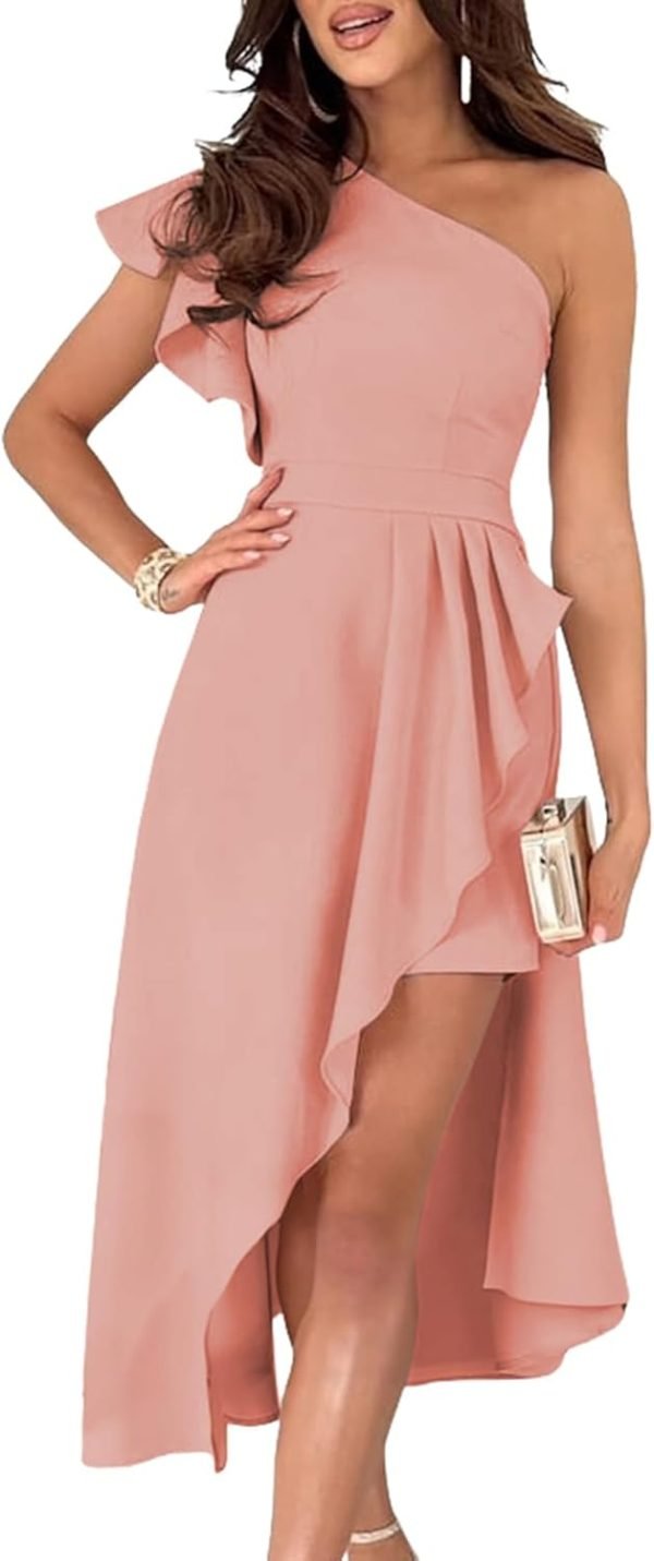Saonta  Womens One Shoulder Sleeveless Ruffle Empire Waist Asymmetrical High-Low Bodycon Formal Wedding Guest Midi Dresses