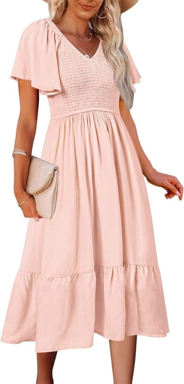 Saonta  Women's Summer Casual V Neck Ruffle Sleeve Smocked High Waist Midi Dress with Pockets