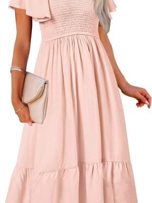 Saonta  Women's Summer Casual V Neck Ruffle Sleeve Smocked High Waist Midi Dress with Pockets