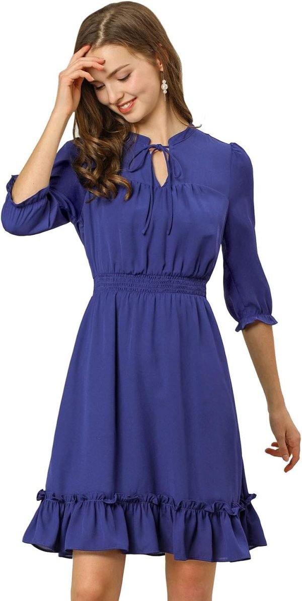 Saonta  K Women's Autumn Wedding Guest Dresses Ruffle Hem 3/4 Sleeve A-Line Smocked Short Chiffon Dress