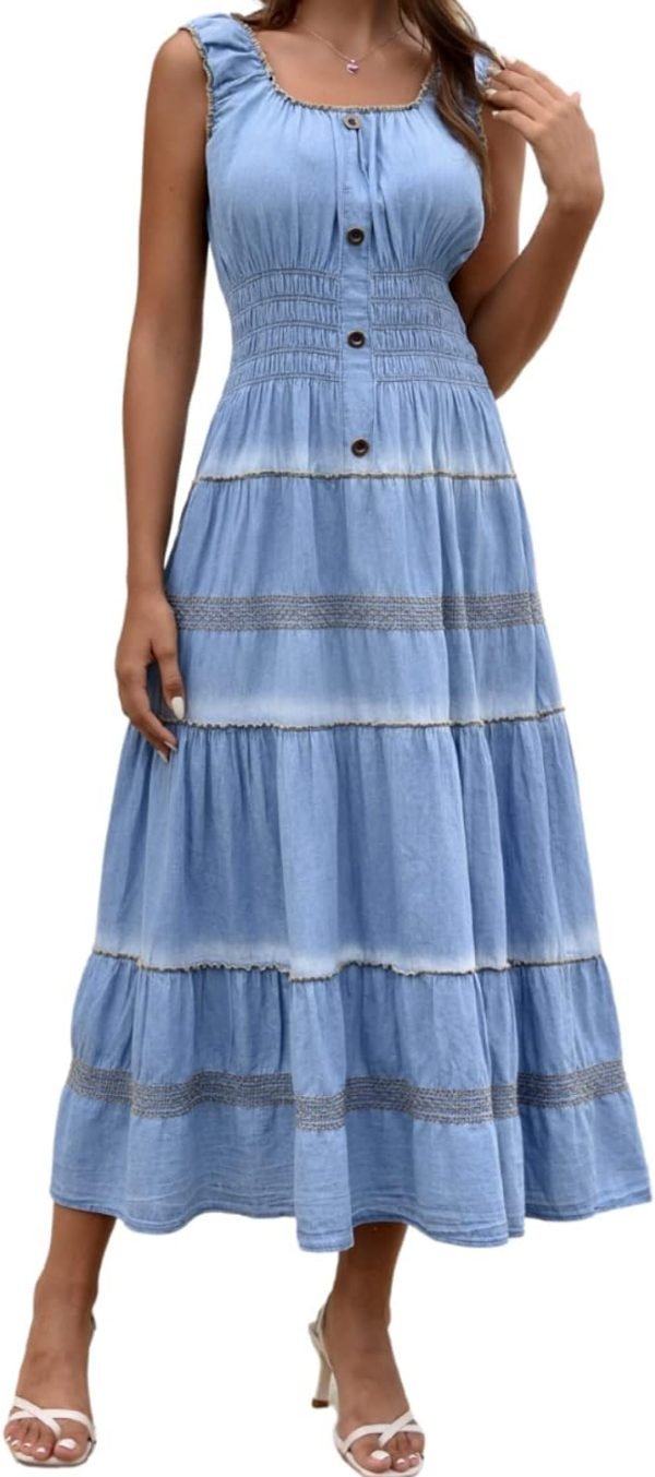 Saonta  Women's Maxi Dress Sleeveless Denim Long Summer A-line Casual Blue Cotton Boho Flowy Sundresses for Women