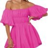 Saonta  Womens Off The Shoulder Summer Dresses 2024 Short Lantern Sleeve Ruffle Elastic Waist A-Line Casual Mini Dress