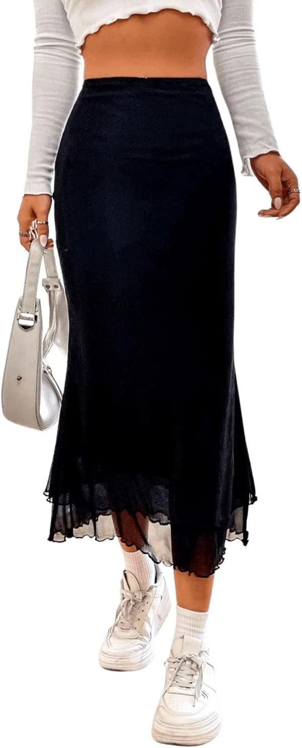 Saonta  Women's Lettuce Trim High Waist Mesh Fishtail Bodycon Long Skirt