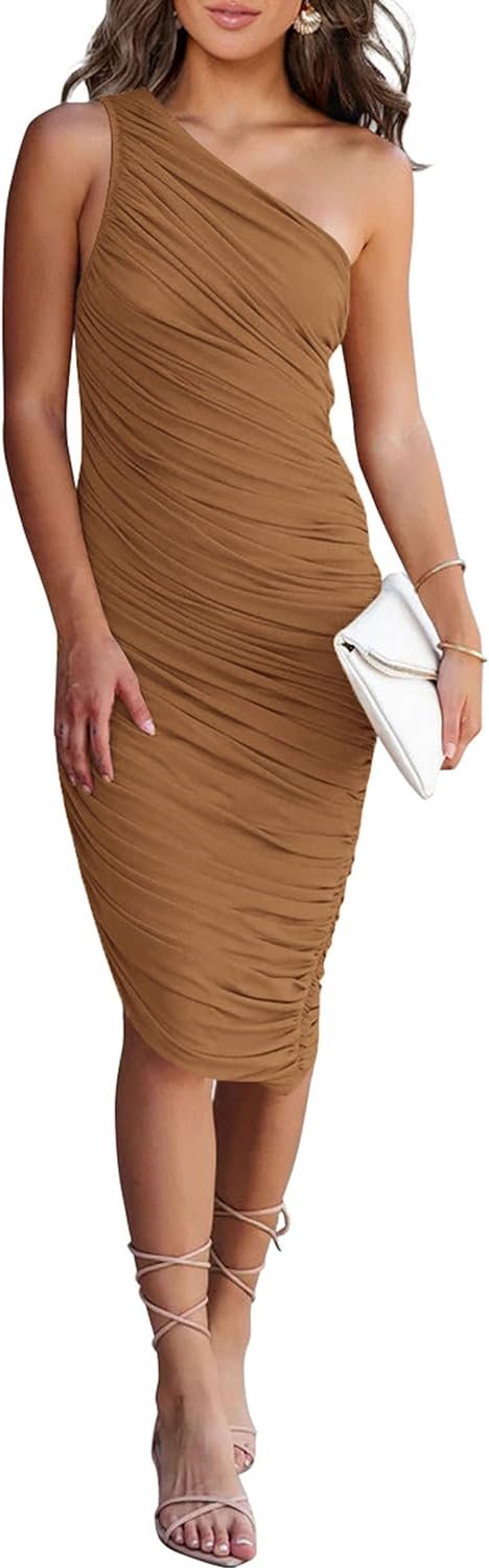 Saonta Women's Ruched Bodycon Dress 2024 Summer One Shoulder Sleeveless Party Cocktail Pencil Dresses
