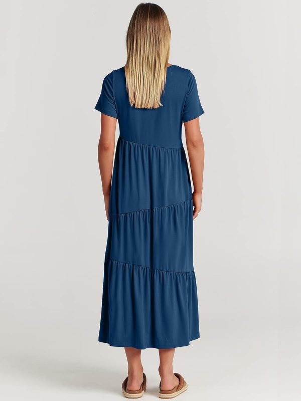 Saonta  Women Summer Maxi Dress Short Sleeve Swing Casual Asymmetric Tiered Vacation Long Beach Sundress Outfits