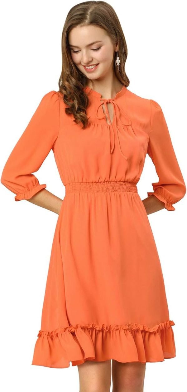 Saonta  K Women's Autumn Wedding Guest Dresses Ruffle Hem 3/4 Sleeve A-Line Smocked Short Chiffon Dress