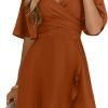 Saonta  Women's Wrap V Neck Short Flared Sleeve Wedding Guest Dress Smocked Elastic Waist Tiered Belted Ruffle Hem Mini Dress