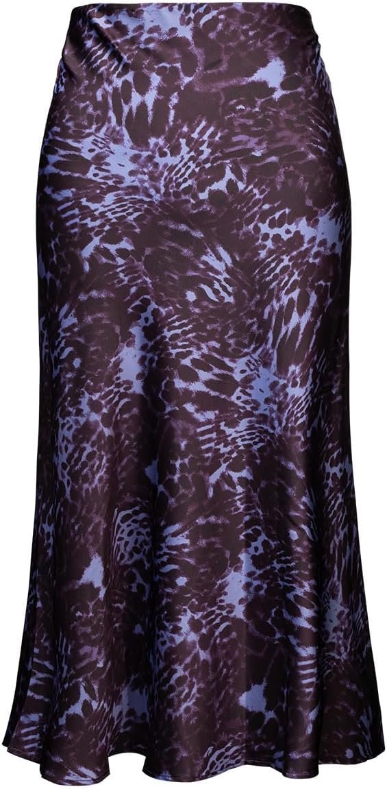 Womens Leopard Print Skirt Midi Long Length Silk Satin High Waist Elastic Skirts