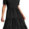 Saonta  Women's 2024 Summer Short Puff Sleeve Midi Dress Casual V Neck High Waist Tiered Swing A Line Dresses