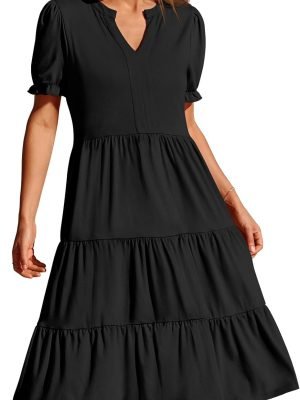 Saonta  Women's 2024 Summer Short Puff Sleeve Midi Dress Casual V Neck High Waist Tiered Swing A Line Dresses