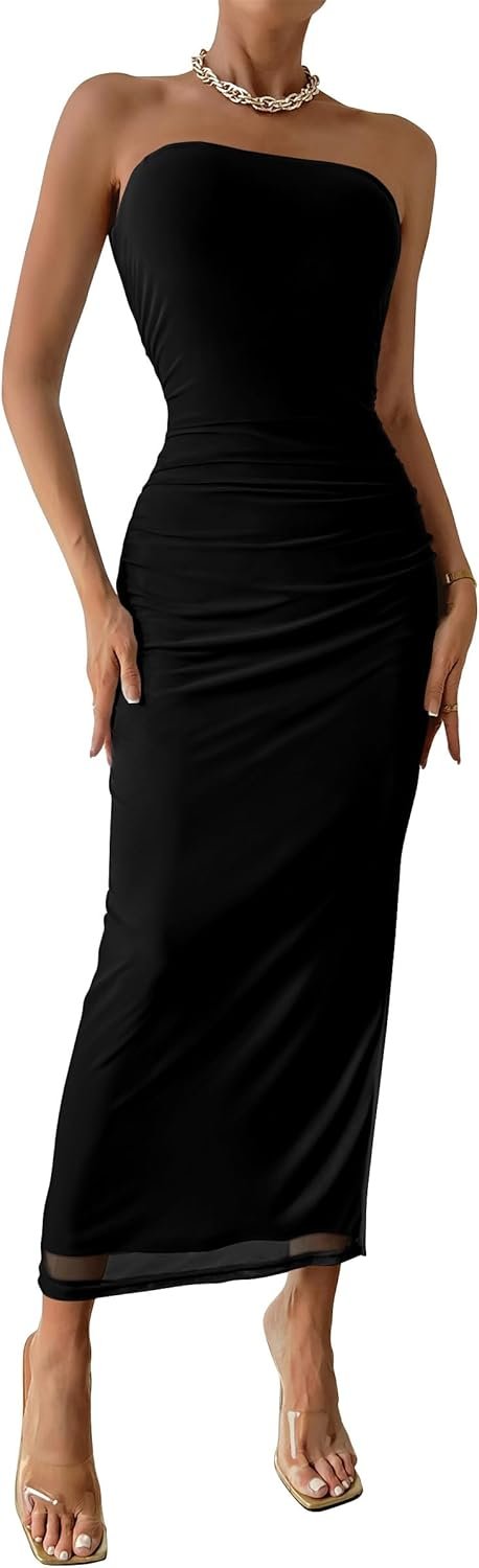 Saonta  Women's Summer Maxi Bodycon Dresses Strapless Tube Top Printed Long Party Club Slit Dress