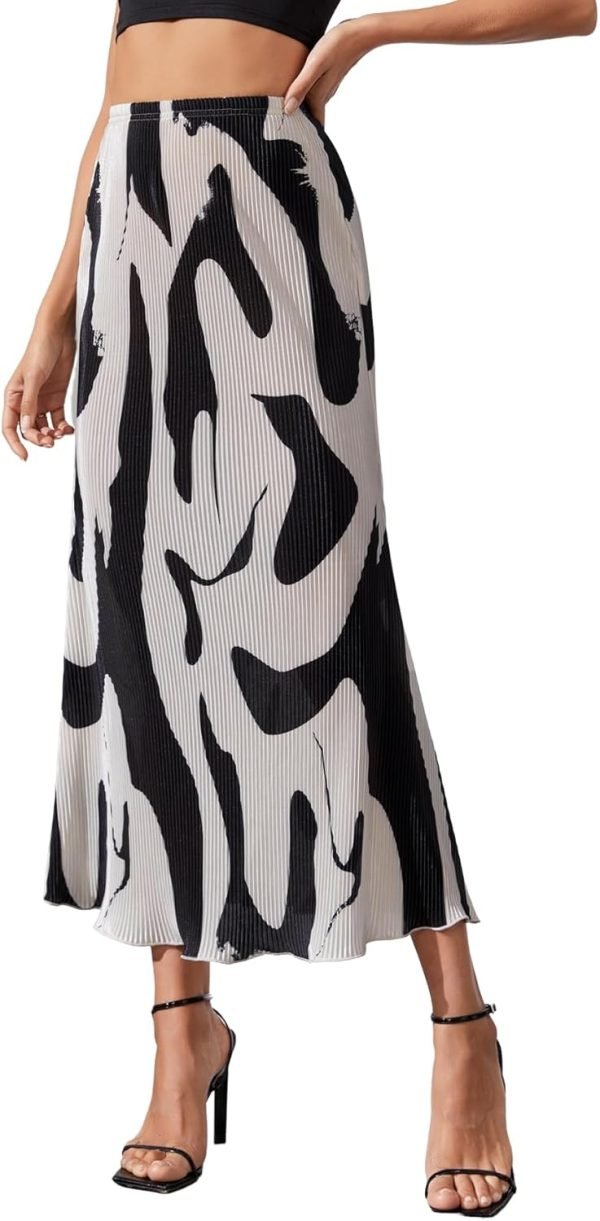 Saonta  Women's High Waist Graphic Print A Line Pleated Long Skirt