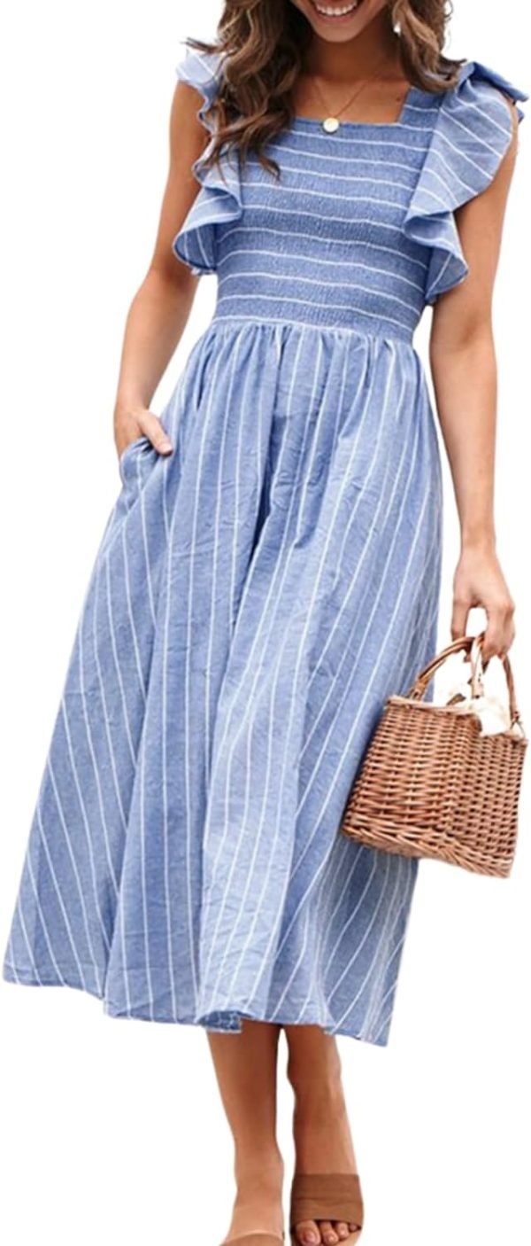 Saonta  Women's Striped Linen Midi Dress Elegant Square Neck Ruffle Cap Sleeves Maternity Dress 2024 Summer Beach Dress