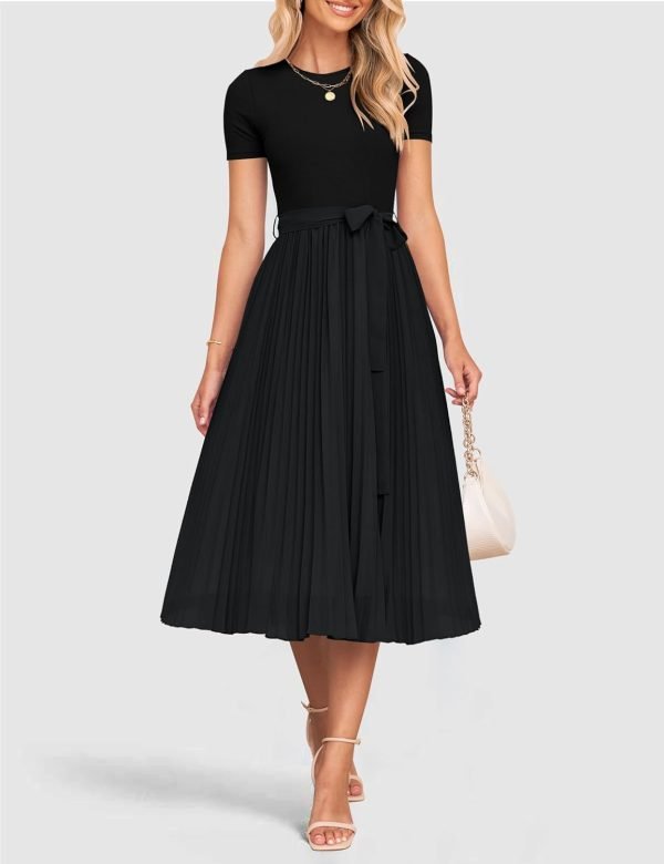 Saonta Womens Summer Short Sleeve Midi Dresses Spring Casual Crew Neck Knit Belted Pleated A Line Flowy Wedding Guest Dress