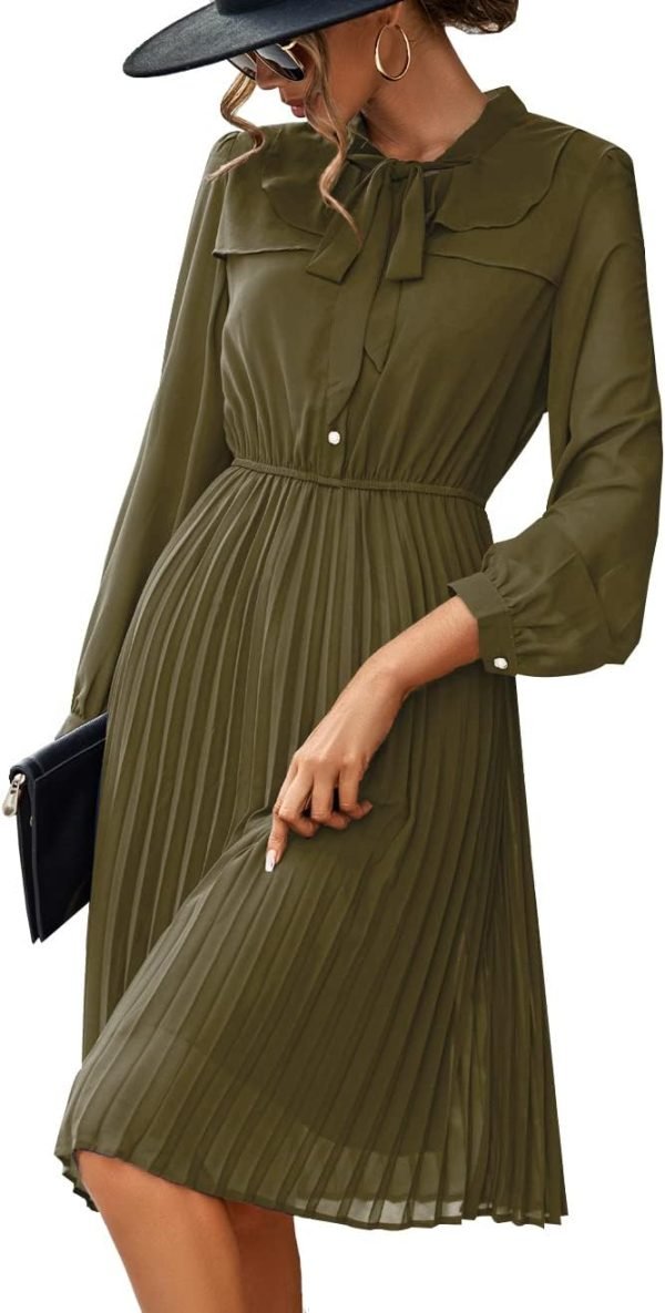 Saonta  Work Dresses for Women 2023 Long Sleeves Chiffon Black Dress Retro Pleated Buttons Down Bow Tie Loose Causal Dresses