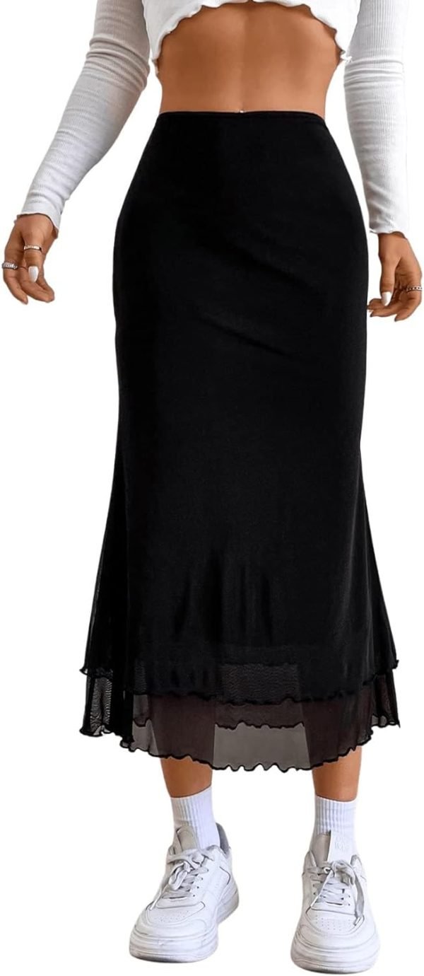 Saonta  Women's Lettuce Trim High Waist Mesh Fishtail Bodycon Long Skirt