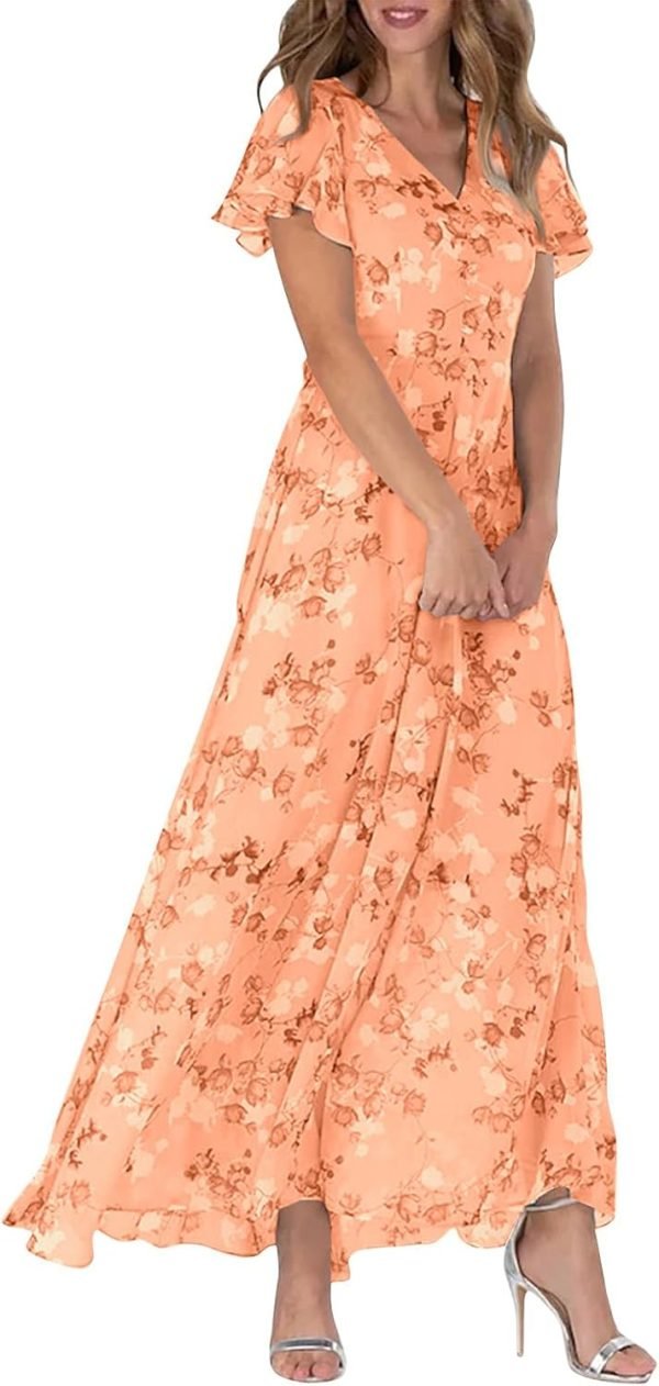 women's summer wedding guest dress chiffon boho floral ruffle short sleeve v neck casual flowy maxi sundress