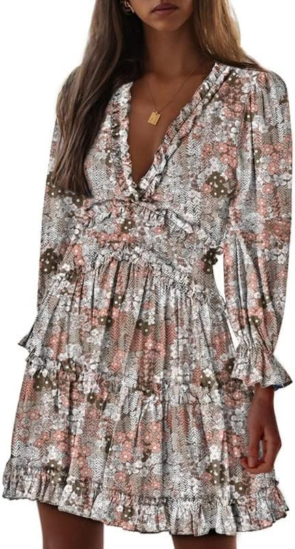Saonta  Womens 2024 Spring Summer Deep V Neck Ruffle Floral Flowy Mini Dress