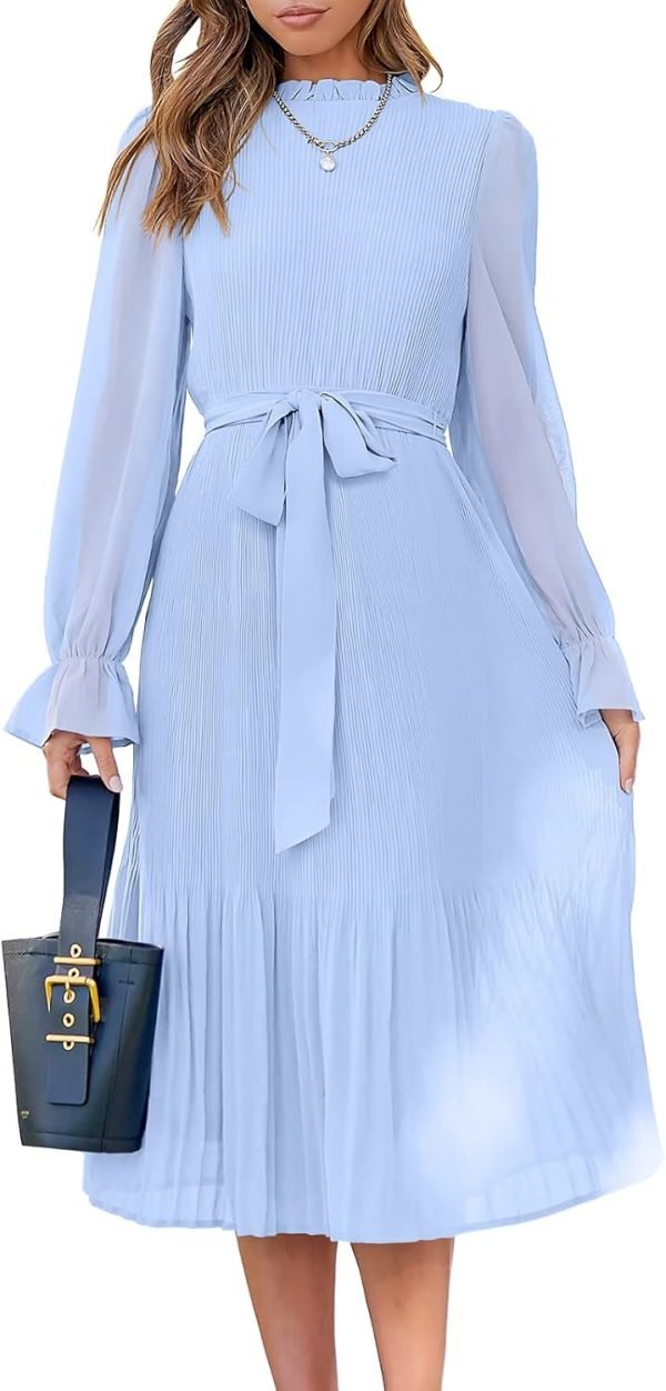 Saonta  Women's Floral Midi Dress Puff Long Sleeve Casual Ruffle Chiffon A-Line Swing Pleated Belted Tea Party Dresses