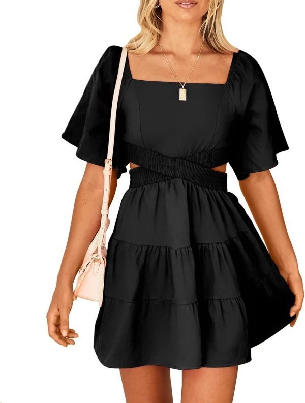 Shy Velvet Women's Summer Dress Square Neck Short Sleeves Crossover Waist Casual Party Mini Dress