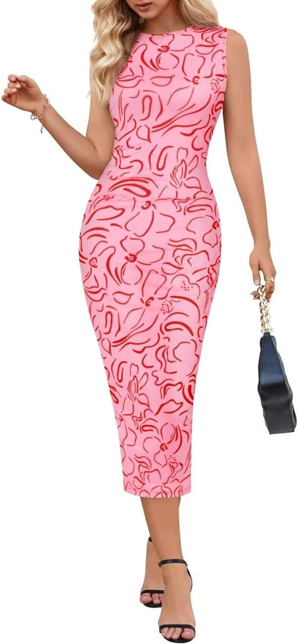 Saonta  Women's Summer Bodycon Tie Dye Dress Sleeveless Crew Neck Mesh Cocktail Party Maxi Dresses