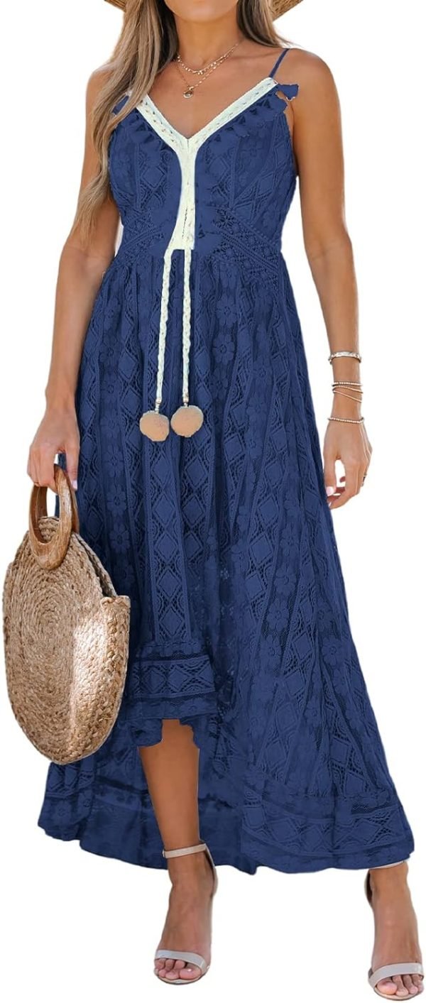 Saonta  Women's Maxi Dress Lace Dresses Boho Tassel V-Neck Flare Ruffle Adjustable Straps Beach Summer Long Dress