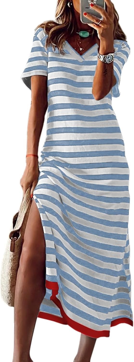 Saonta  Summer Dress Casual Womens Fashion Short Sleeve Maxi Dress T Shirt Dress Striped Long Color Block Maxi Dress