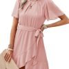 Saonta  Womens Summer Dresses 2024 Crewneck Short Sleeve Waist Tie Ruffle Casual Chiffon A-Line Swing Mini Dress