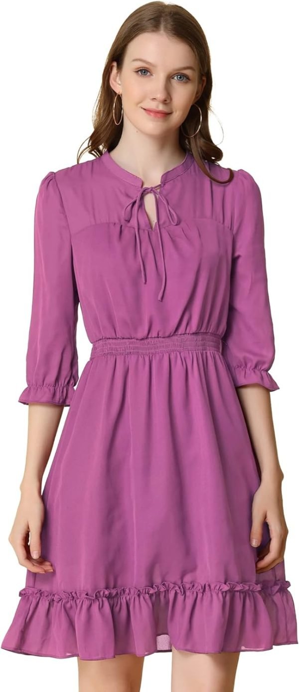 Saonta  K Women's Autumn Wedding Guest Dresses Ruffle Hem 3/4 Sleeve A-Line Smocked Short Chiffon Dress