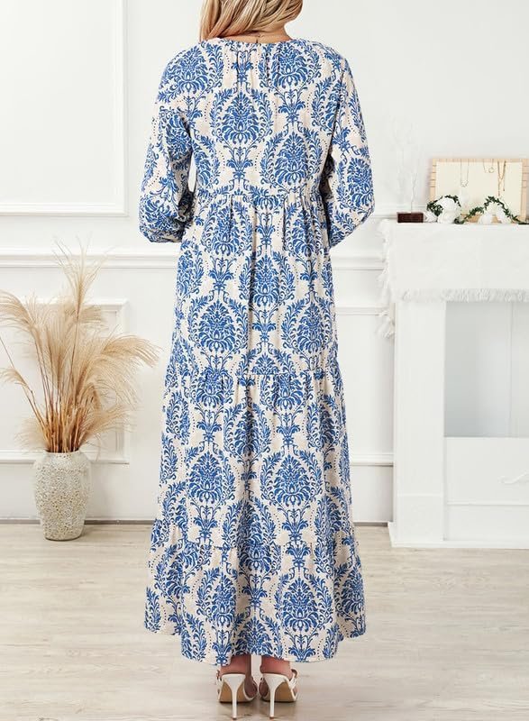 Saonta  Women Boho Maxi Dresses 2024 V Neck Long Puff Sleeve Smocked Ruffle Flowy Casual Dress