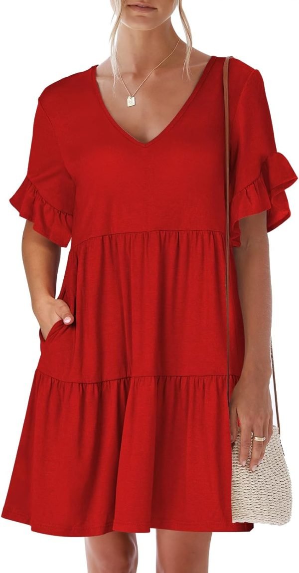 Saonta  Women's 2024 Summer Trendy V Neck Ruffle Short Sleeve A Line Tiered Flowy Casual Mini Beach Dress with Pockets