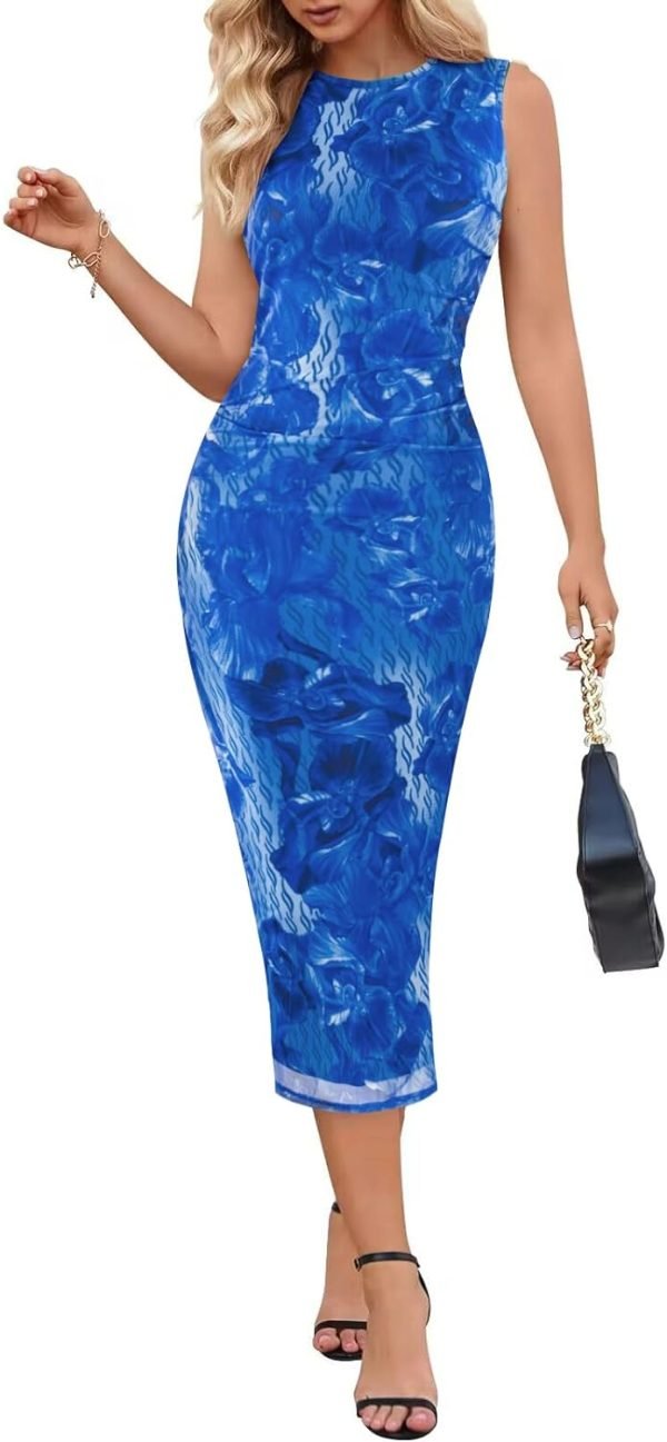 Saonta  Women's Summer Bodycon Tie Dye Dress Sleeveless Crew Neck Mesh Cocktail Party Maxi Dresses