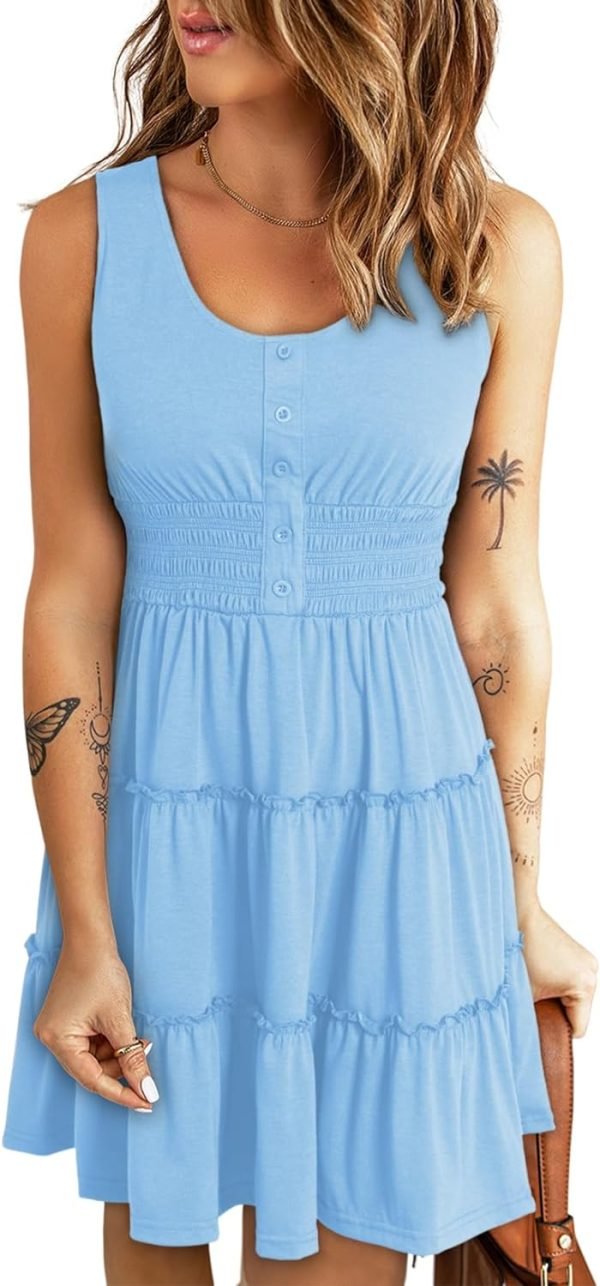 Saonta  Womens Summer Dresses 2024 Sleeveless Button Down Smocked Elastic Waist Ruffle Tiered Casual Swing Mini Dress