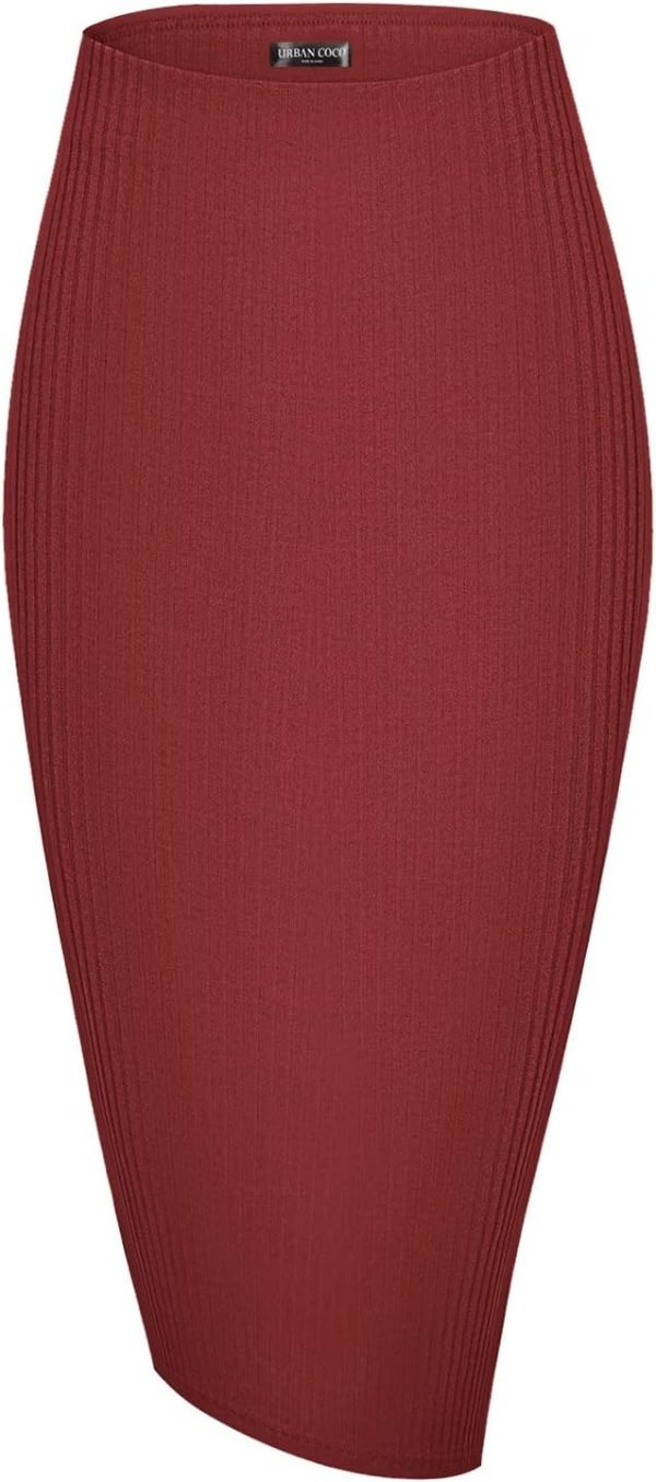 Saonta  Elastic High Waist Knee Length Pencil Skirt Ribbed Knit Basic Tube Midi Skirt