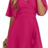 Saonta  Women's Wrap V Neck Short Flared Sleeve Wedding Guest Dress Smocked Elastic Waist Tiered Belted Ruffle Hem Mini Dress