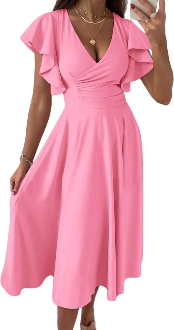 Saonta Womens 2024 Summer Midi Dress Ruffle Cap Sleeve V Neck Swing A Line Cocktail Party Dresses