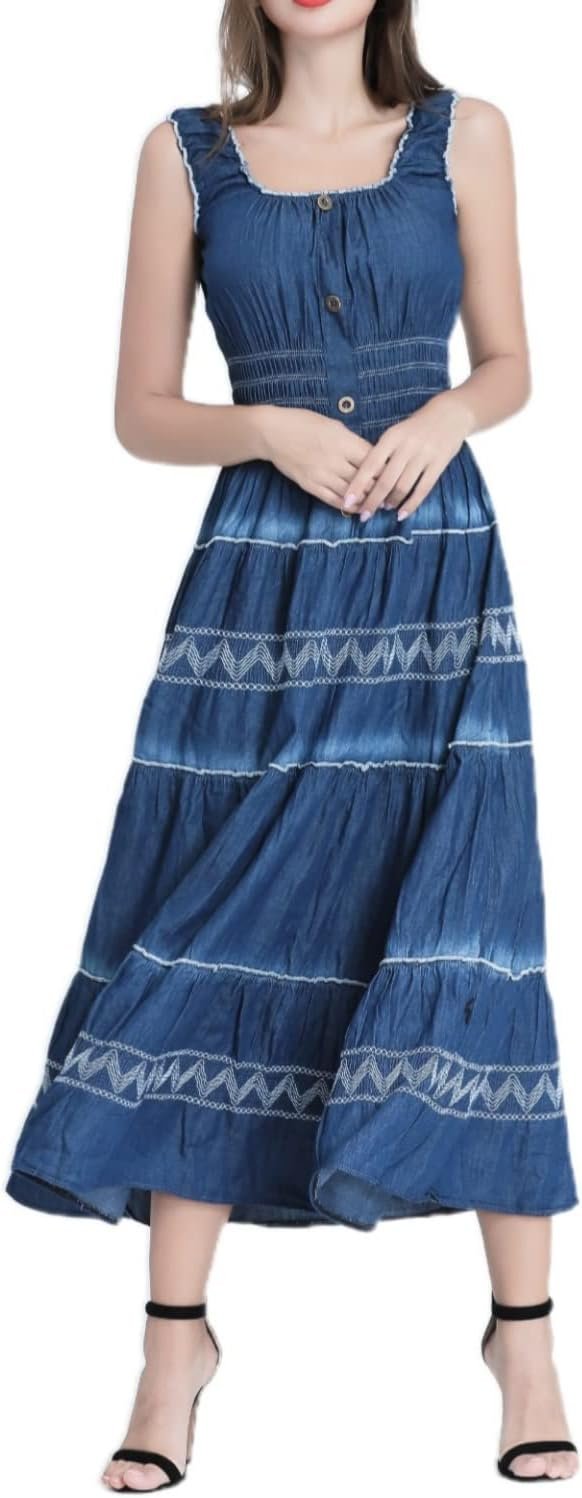 Saonta  Women's Maxi Dress Sleeveless Denim Long Summer A-line Casual Blue Cotton Boho Flowy Sundresses for Women