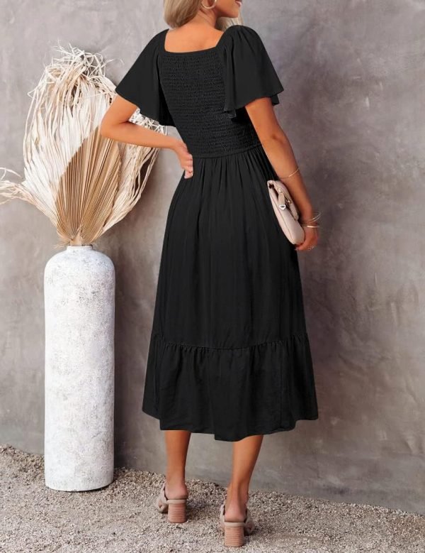 Saonta  Women's Summer Casual V Neck Ruffle Sleeve Smocked High Waist Midi Dress with Pockets