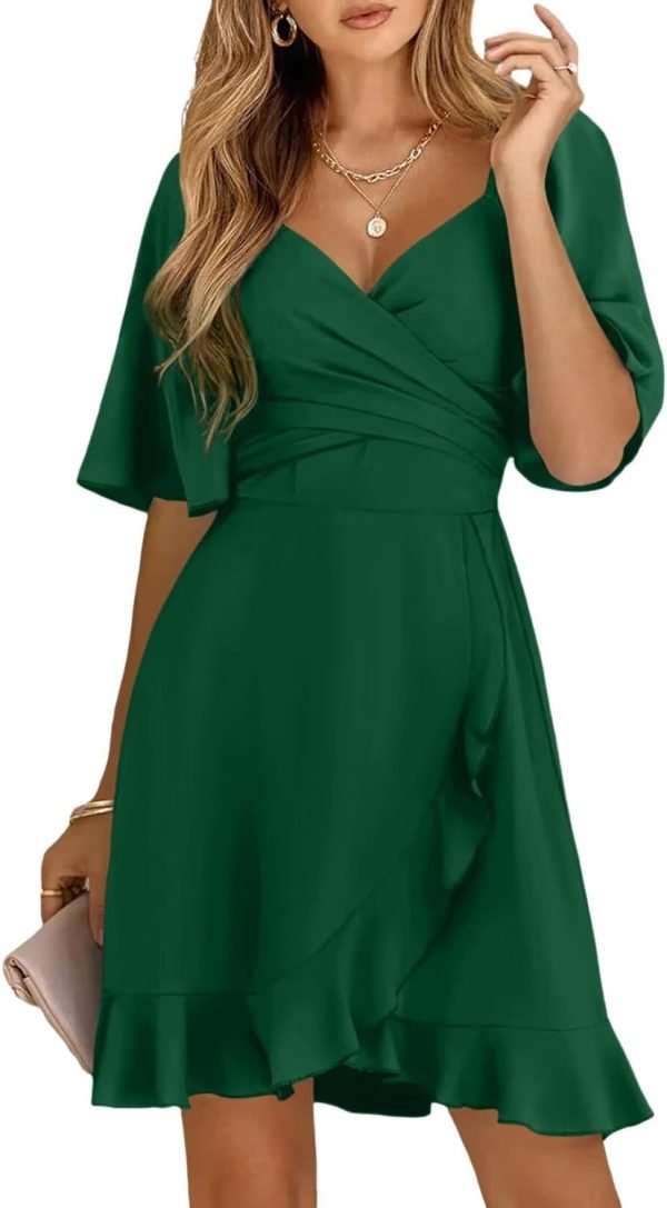 Saonta  Women's Wrap V Neck Short Flared Sleeve Wedding Guest Dress Smocked Elastic Waist Tiered Belted Ruffle Hem Mini Dress
