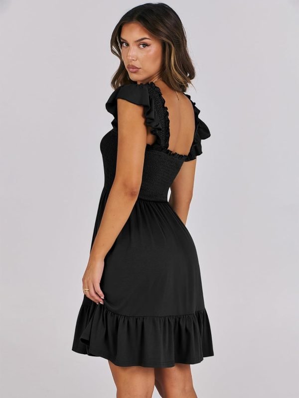 Saonta  Womens Summer Casual Sleeveless Square Neck Smocked Ruffle Backless Boho Mini Dress 2024 Trendy Short Sundress