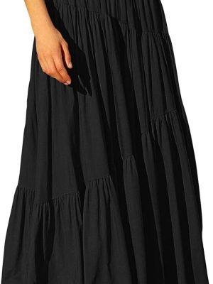 61nDY85mukL._AC_SL1500 Saonta Women??s Boho Elastic High Waist Pleated A-Line Flowy Swing Asymmetric Tiered Maxi Long Skirt Dress with Pockets
