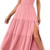 Saonta  Women's Summer One Shoulder Sleeveless Knot Smocked Midi Dress Split Tiered Flowy Dresses
