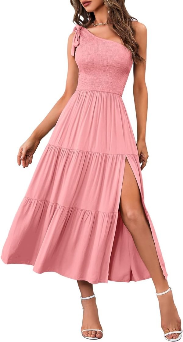 Saonta  Women's Summer One Shoulder Sleeveless Knot Smocked Midi Dress Split Tiered Flowy Dresses