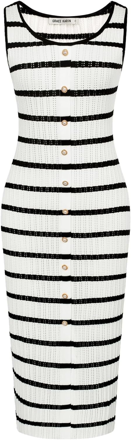 Saonta  Womens 2024 Summer Striped Dress Sleeveless Knitted Midi Bodycon Dresses Tank Ribbed Sweater Beach Dress