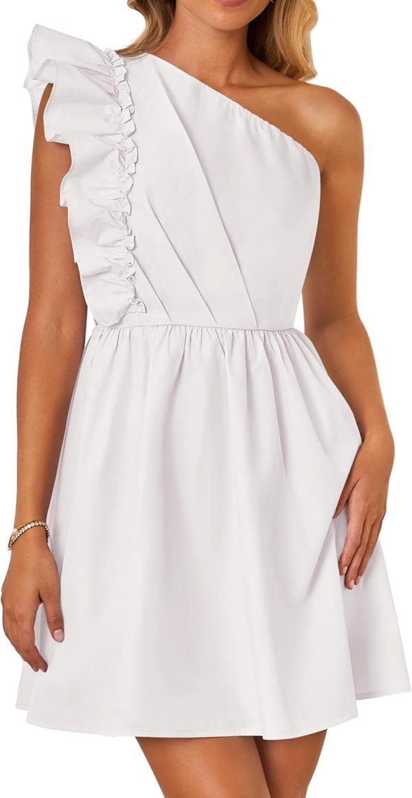 Saonta Women's Summer One Shoulder Ruffle Dress 2024 Boho Sleeveless Elastic High Waist Swing Mini Dresses