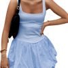 Saonta Women's 2024 Summer Mini Dress Tank Sleeveless Square Neck Solid Color Puffy Beach Short Dresses Sundress